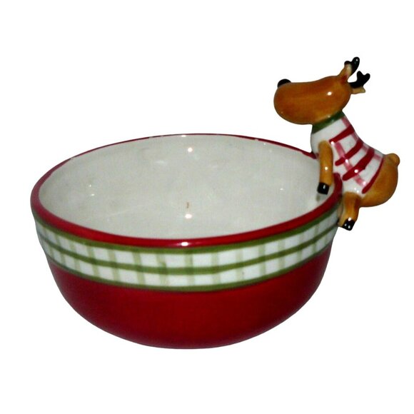 Harry & David Christmas Reindeer Ceramic Snack Candy Bowl Green & Plaid NWT - Picture 2 of 3